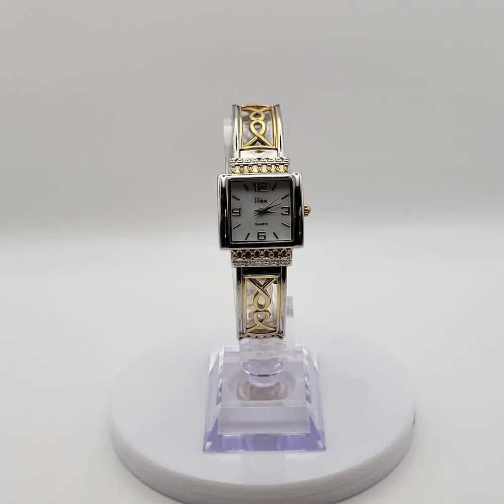 Vivani Women's Bangle Watch Two Tone Silver Gold Celtic Filigree Square Dial